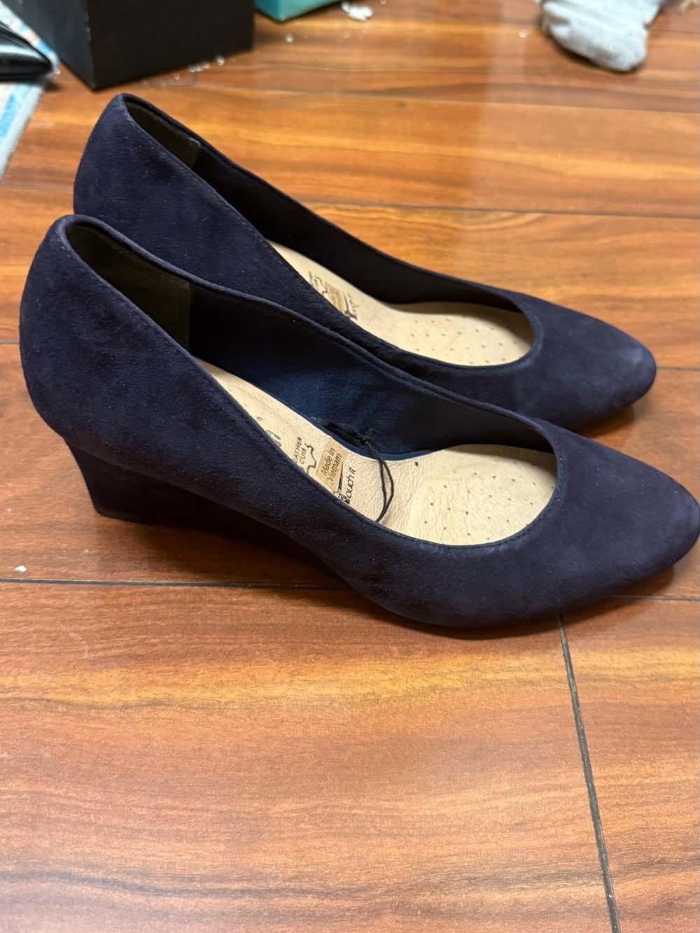 Classic Navy Suede Low Wedge Pump - Comfortable Everyday Heel